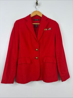 Lauren Ralph Lauren Blazer Womens 2 Red Linen Gold Button Jacket Pocket Square